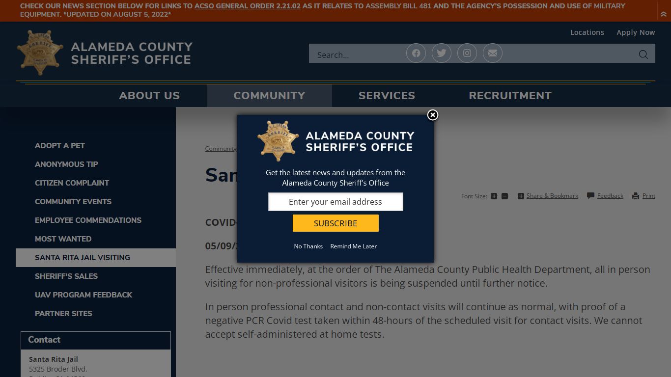 Santa Rita Jail Visiting | Alameda County Sheriff's Office, CA