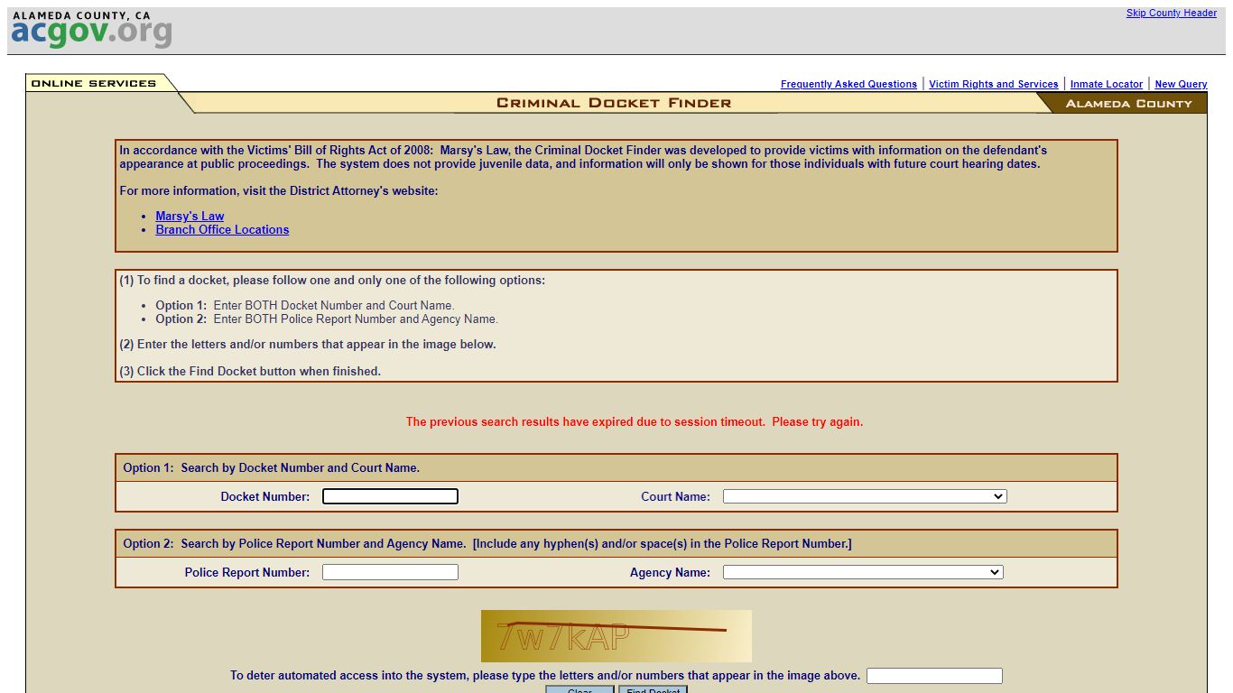 Criminal Docket Finder - Alameda County, California